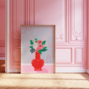 Póster de jarrón con forma de corazón y ramo de flores / Decoración de pared botánica / Impresión artística colorida / Arte mural colorido / Decoración de interiores moderna / A4