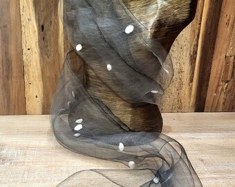 delicate gray silk scarf, stole with felt balls