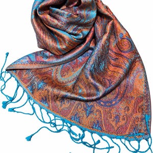 Jamawar Silk Scarf 100% Silk – Shimmering Paisley Scarf in Orange, Red, Turquoise and Blue – Elegant Women's Scarf 35 × 170 cm
