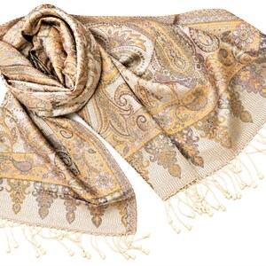 Elegant Jamawar silk stole, 100% silk – Cream, beige, gold – Large paisley scarf, 70 x 190 cm