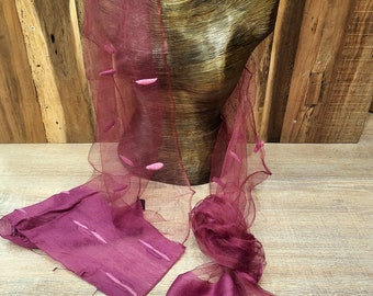 Delicate, beautiful magenta-colored silk scarf, stole with cotton felt