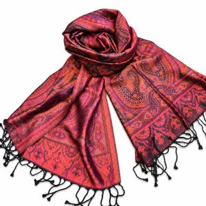 Jamawar Silk Scarf 100% Silk – Paisley Stole in Pink, Magenta, Orange and Violet | Elegant Women's Scarf 55 × 185 cm
