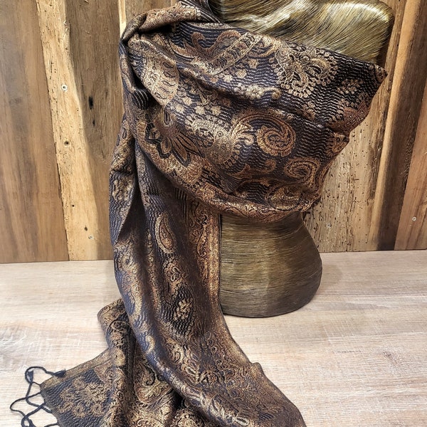 Beautiful brown silk scarf in the paisley design