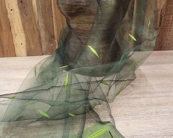 Delicate, beautiful green and black silk scarf, stole with cotton felt