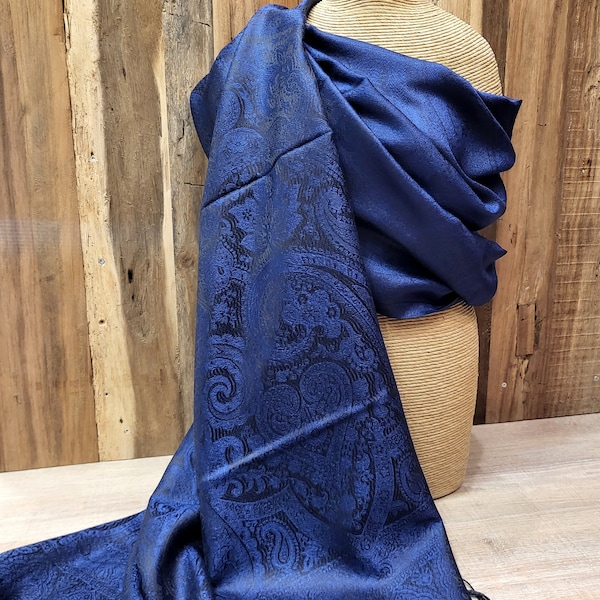 beautiful dark blue silk scarf, stole in paisley design