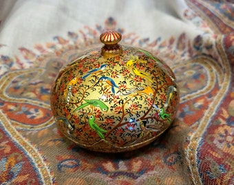 Round hand-painted papier-mâché jewelry box with "Tree of Life" motif