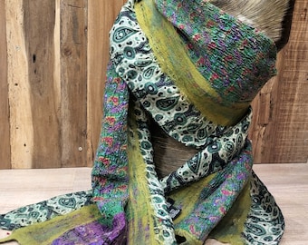 Unique green felt scarf "Collage" with sari silk