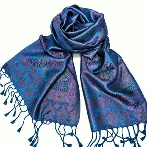 Jamawar Silk Scarf – 100% Silk – Petrol Turquoise Violet – Elegant Paisley Scarf with Fringe