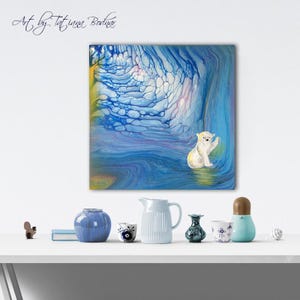 Polar bear painting Acrylic pour on canvas for childrens room Fluid art Contemporary art Flow art Small wall art 20x20"