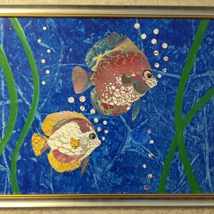 Fisch Acryl pour Gemälde auf Panel Gerahmte Malerei Mischtechnik Gemälde für KinderZimmer Fluid Art Flow Art Wandkunst 20x28&quot;