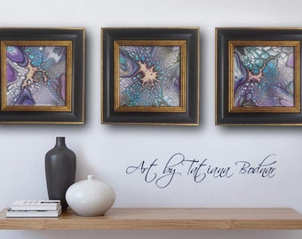Conjunto de 3 arte de pared Pinturas enmarcadas sobre tablero de lienzo Pintura acrílica original Tríptico usando pintura metálica Técnica Bloom Arte fluido 6x6"