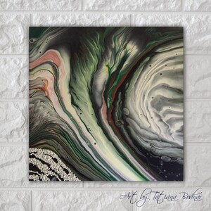 May include: Abstract painting with swirling green, white, black, and pink colors. The painting has a textured surface with silver glitter accents. The artist's signature, "Art by Tatiana Bodnar", is in the bottom right corner.