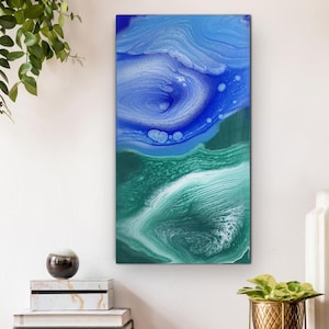 Acrylic pour painting on canvas Fluid art Abstract blue turquoise painting Original painting Contemporary art Modern wall art 22x12&quot;