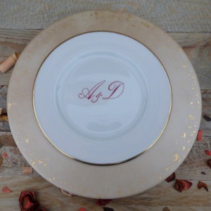 Porcelain plate in duo, dinner plate and starter or dessert plate with initials and gold filet Hand painted Made in France image 1