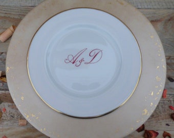 Porcelain plate in duo, dinner plate and starter or dessert plate with initials and gold filet - Hand painted - Made in France