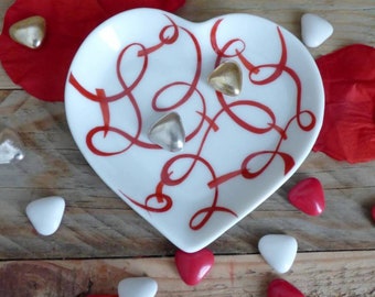 Heart tray porcelain with red ribbon decoration - Limoges porcelain