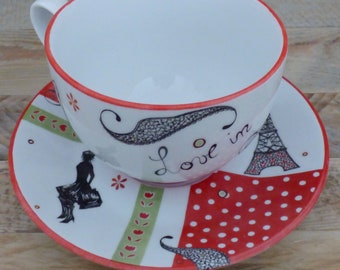 Breakfast cup and saucer in Porcelain - Love in Paris design with eiffel tower hand painted