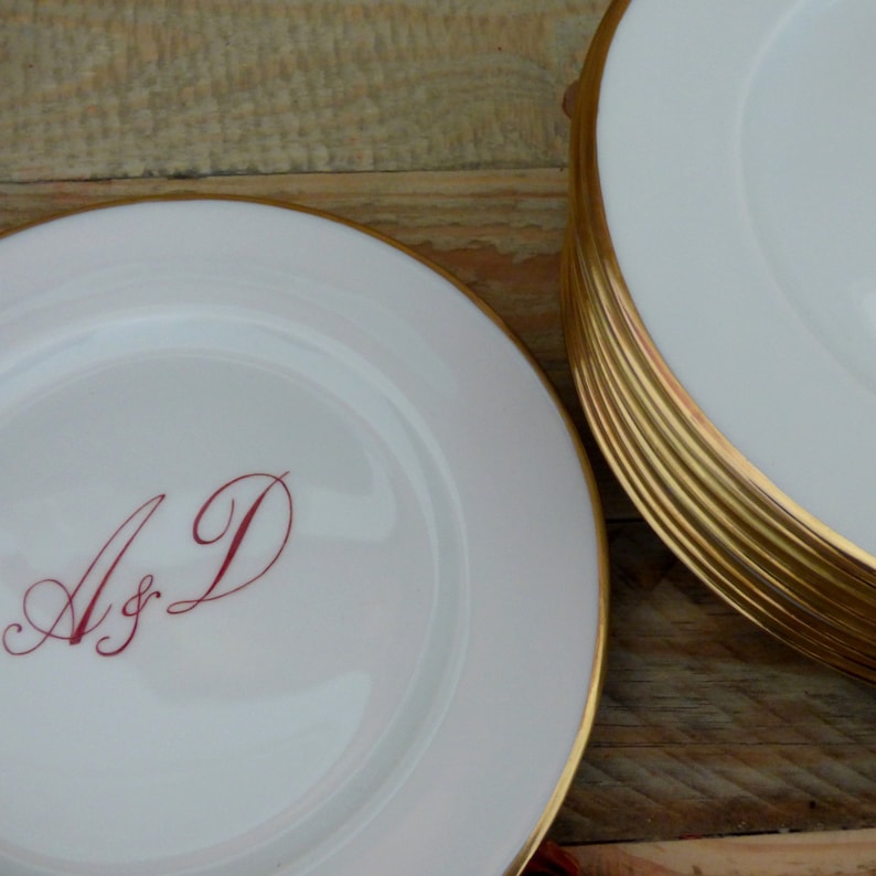 Porcelain plate in duo, dinner plate and starter or dessert plate with initials and gold filet Hand painted Made in France image 4