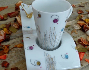 Porcelain espresso cup and its gourmet coffee tray with  gold butterfly - Personalized gift
