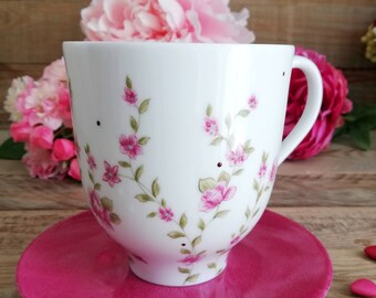 Lot De 4 Tasses à Café/thé En Porcelaine Blanche à Motif Floral - Excellent état Occasion