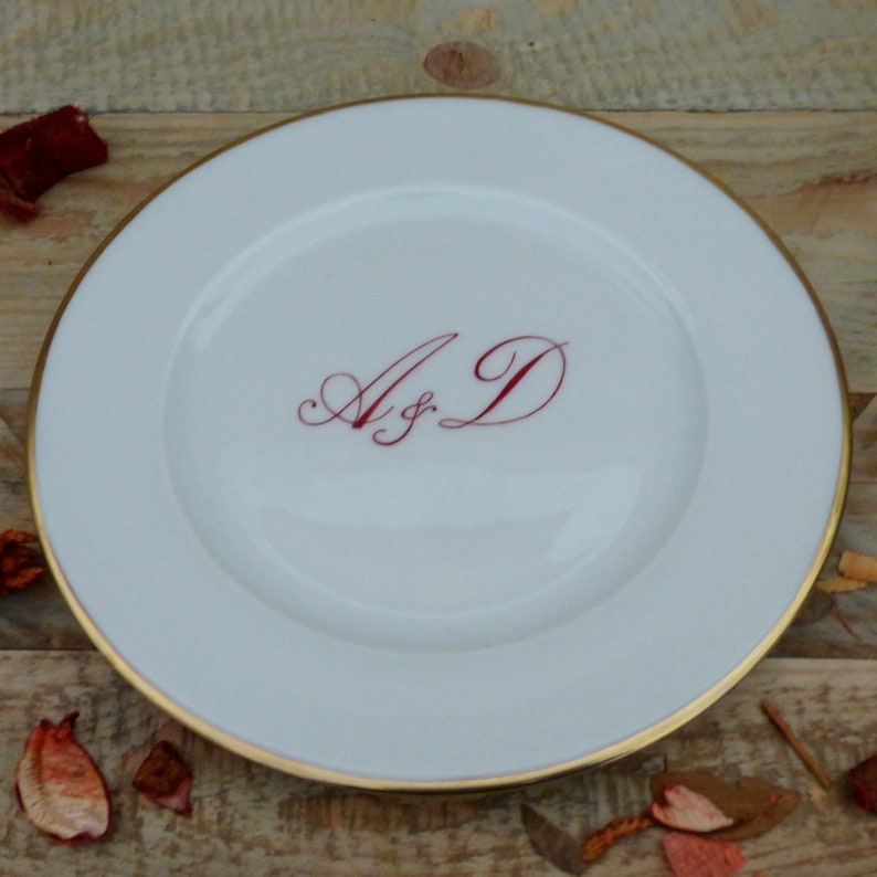 Porcelain plate in duo, dinner plate and starter or dessert plate with initials and gold filet Hand painted Made in France image 2