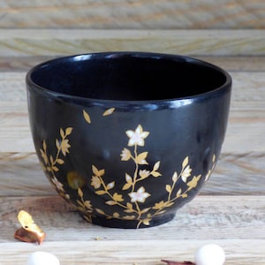 Black tea cup in Limoges porcelain Gold japanese flowers decor image 1