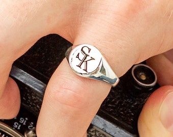 Initial Round Silver Signet Ring - Custom Engraved Monogram Ring - Ring Engraved With Your Handwriting - Mens Bespoke Signet Ring Silver