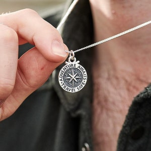 Reiskluis 20 mm kompasketting met ketting - Sterlingzilveren reishanger heren, Going Traveling Good Luck Alternative St. Christoffel