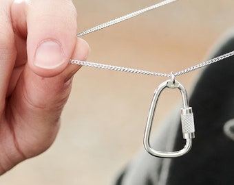 Climbing Carabiner Solid Silver Necklace with Working Carabiner Screw Closure - Gift For Climber - Climbing Gift Idea - Mens Silver Pendant