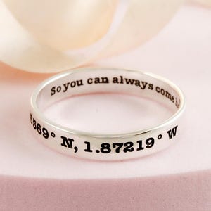 Custom Engraved Coordinates Ring: Slim silver band engraved with latitude longitude - Skinny sterling silver ring with location engraved image 3