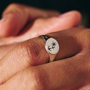 Sterling Silber Nordstern und Anker Siegelring für Männer & Frauen | Handgefertigter Ring mit Gravur | Einzigartiger Schmuck