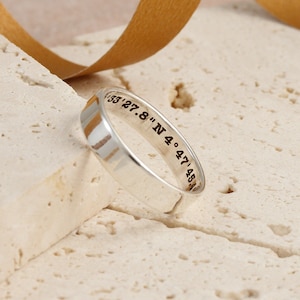 Secret Engraved Silver Ring - Skinny Sterling Silver Ring Engraved Inside - Latitude Longitude Coordinates Ring - Hidden Message Ring
