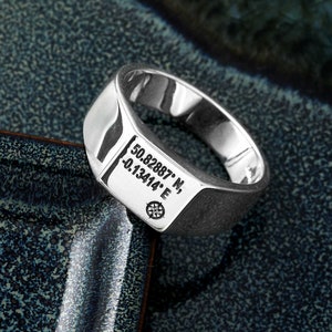 Engraved Latitude Longitude Sterling Silver Signet Ring - Mens Pinky Ring Custom Engraved - Mans Pinkie Ring Location Of Home