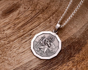 Dodecagon St Christopher Sterling Silver Necklace - 12 Sided Silver Saint Christopher Necklace - Silver Travel Safe Gift For Him