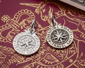 Travel Safe Compass Pendant 15mm - Solid Sterling Silver Alternative Saint Christopher Gift For Men, Good Luck , Adventure Awaits