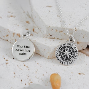 Travel Safe Adventure Awaits 15mm Compass Necklace - Solid Sterling Silver Alternative Saint Christopher Gift For Men, Good Luck Travels