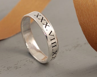 Slim Silver Roman Numerals Date Ring - Stackable Band - Personalized Custom Date Jewellery - Roman Numerals Birth Date Thumb Pinky Ring