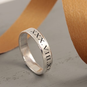 Slim Silver Roman Numerals Date Ring - Stackable Band - Personalized Custom Date Jewellery - Roman Numerals Birth Date Thumb Pinky Ring