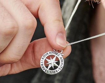 Travel Safe Adventure Awaits Small Outline Compass St Christopher Necklace - Travel Gift Idea Men Women - Compass Pendant Sterling Silver