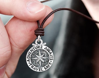 Compass Necklace on Leather Cord, Personalized Sterling Silver - Adventure Awaits, Travel Safe Gift For Men Going Travelling, Free Engraving