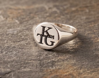 Monogram Initials Sterling Silver Signet Ring - Engraved Initial Ring, Choice of Finish Custom Engraved Birthday Gift For Him