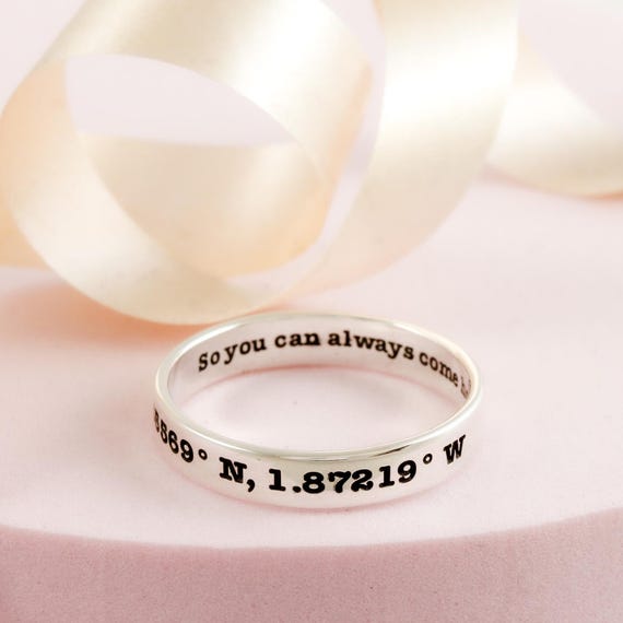 Custom Engraved Coordinates Ring: Slim silver band engraved with latitude longitude - Skinny sterling silver ring with location engraved