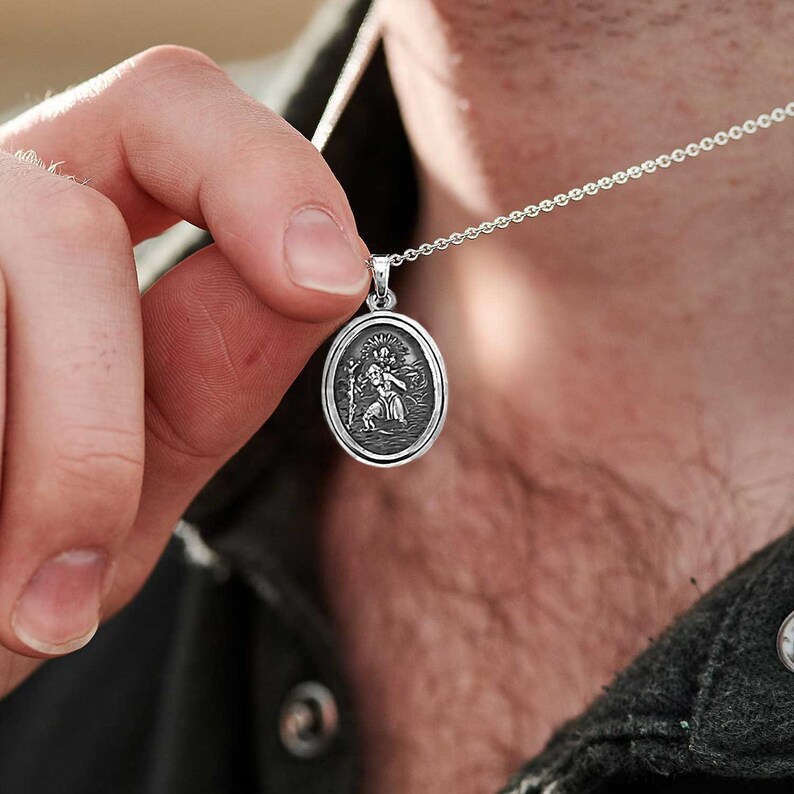 Oval St Christopher Sterling Silver Necklace - - Mens Saint Christopher ...