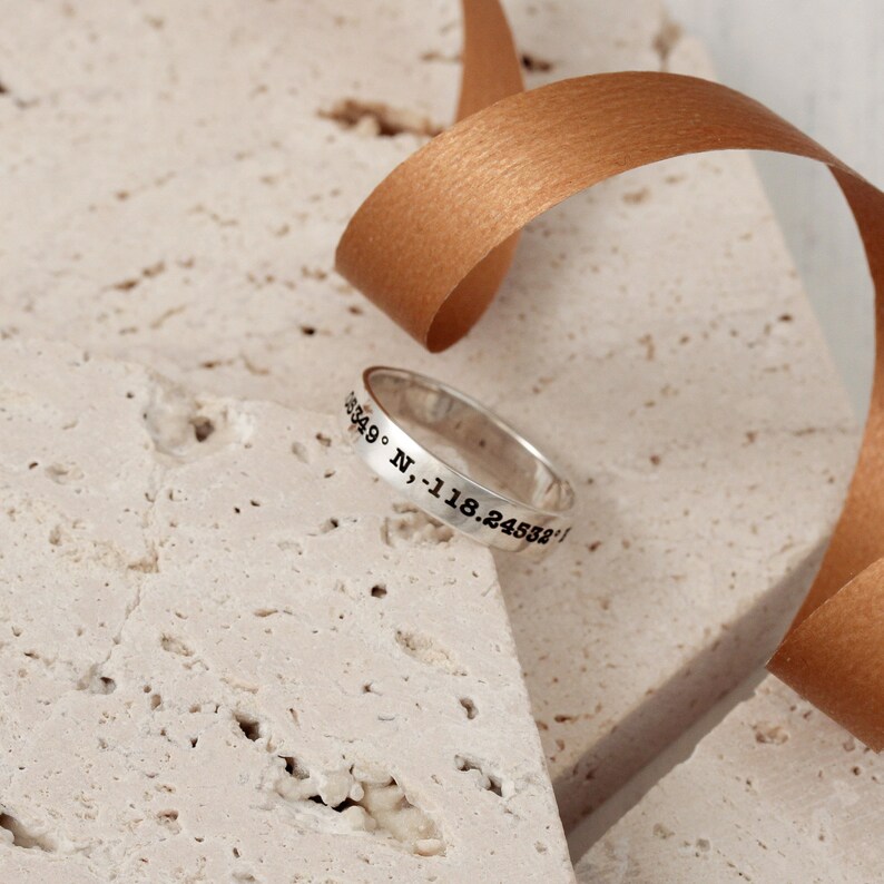 custom location latitude longitude coordinates silver band ring