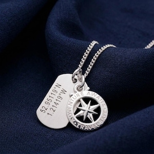Gepersonaliseerde sterlingzilveren kompasketting: gegraveerde coördinaten dogtag - gegraveerde dogtag-hanger op aangepaste locatie reisveilig