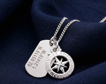 Personalized Sterling Silver Compass Necklace: Engraved Coordinates Dog Tag - Custom location engraved dog tag pendant travel safe