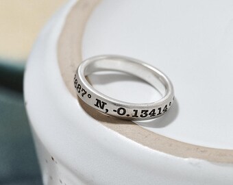 Latitude Longitude Co-Ordinates Silver Band Ring - 3mm Wide Sterling Silver Ring Engraved - Custom Location Ring Birthday Wedding Gift Man