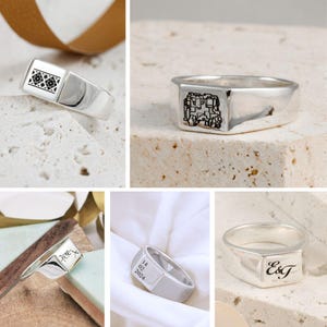 Custom Engraved Silver Signet Ring - Bespoke Design - Your Handwriting - Square Signet Ring - Mens Or Womens Custom Rings Sterling Silver