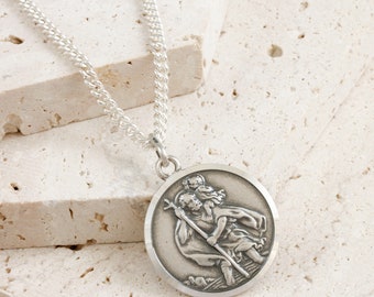 Vintage Style 18mm Saint Christopher Oxidised Pendant - 18th Birthday 21st Gift For Son Grandson - St Christopher - Travel Safe Necklace