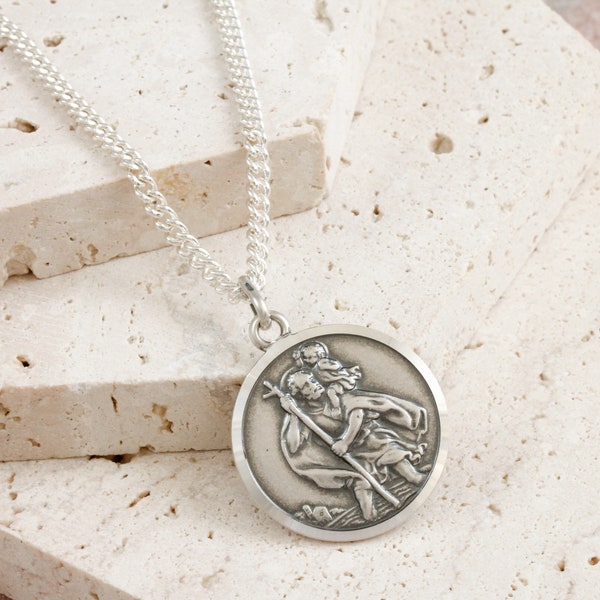 Vintage Style 18mm Saint Christopher Oxidised Pendant - 18th Birthday 21st Gift For Son Grandson - St Christopher - Travel Safe Necklace